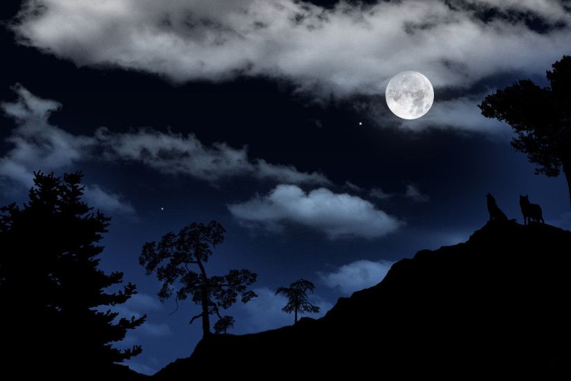 night, moon, wolf, clouds, dark
