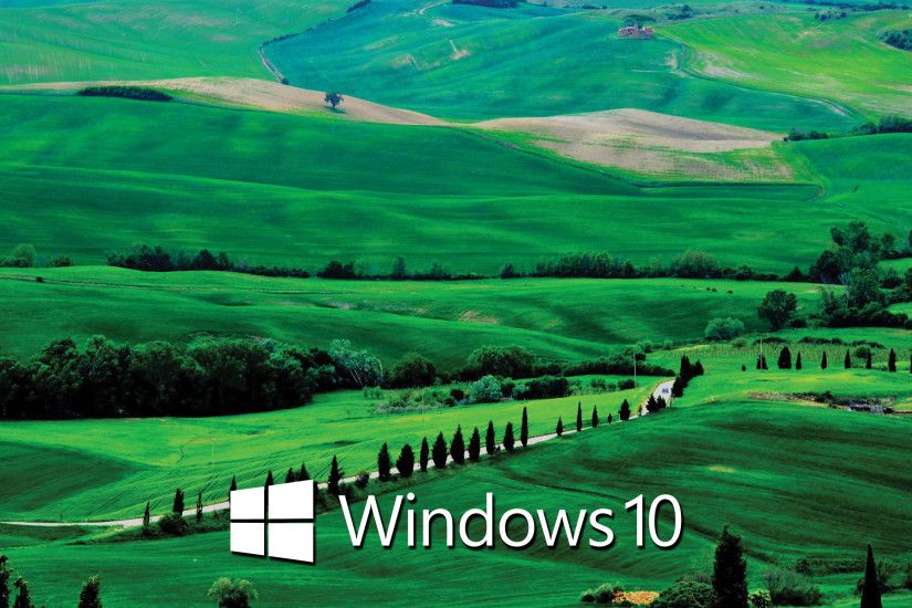 Windows 10 text logo on the green hills wallpaper