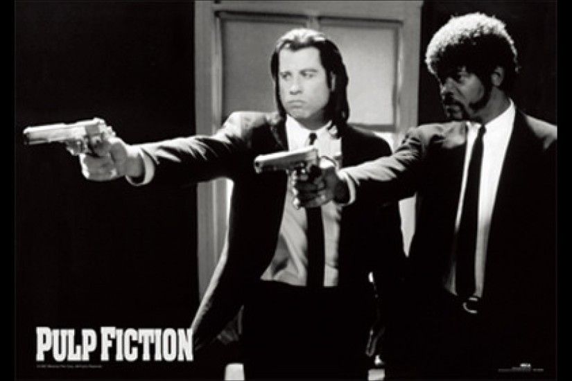 This is an iconic image from the film with Jules Winnfield (Samuel L.  Jackson) and Vincent Vega (John Travolta) points and shoots their gun to  one of ...