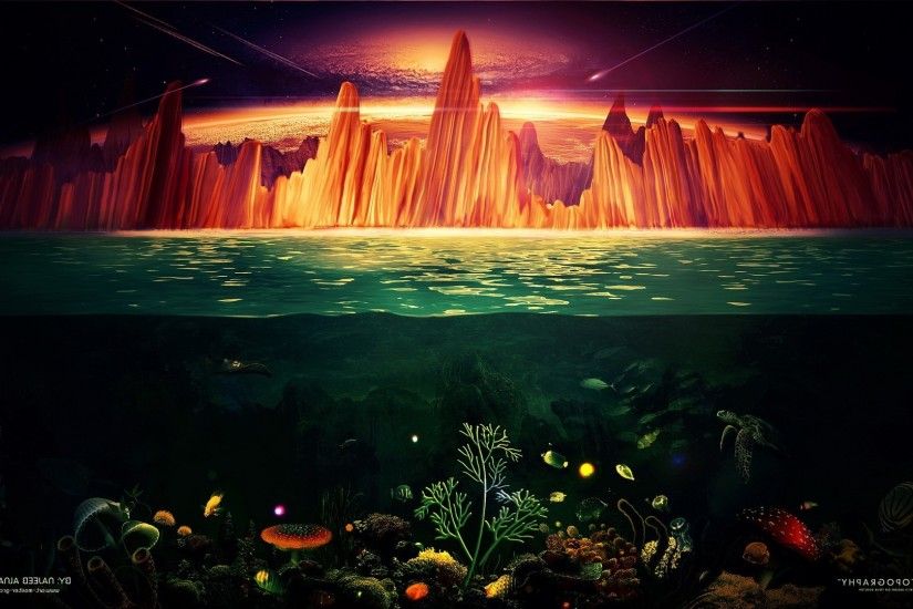 Desktopography, Split view, Cliff, Fish, Sea, Turtle Wallpaper HD