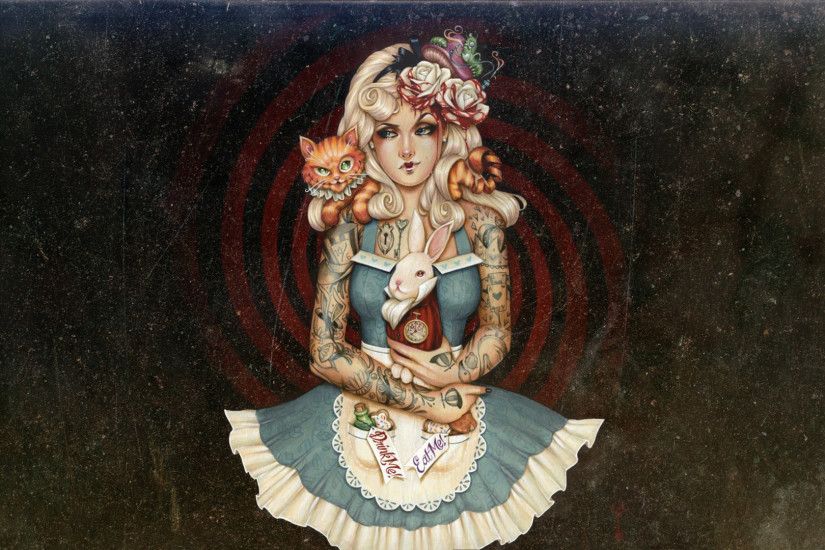 Fantasy - Alice In Wonderland Artistic Girl Cheshire Cat Tattoo Wallpaper