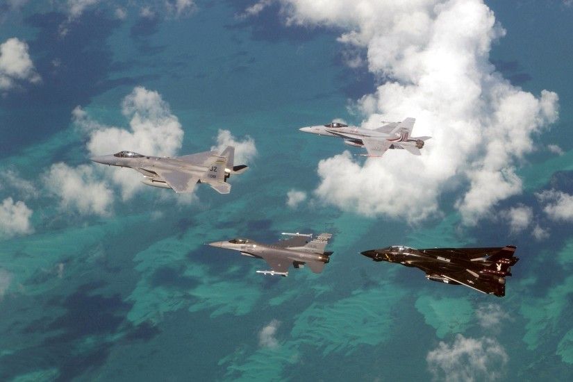 The teenage years: F-14, F-15, F-16, and F/A-18 fly in formation over the  Florida Keys, ...