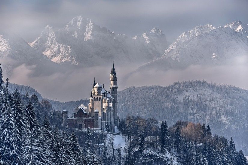 germany bayern munich neuschwanstein castle sky clouds mountain tree snow  winter