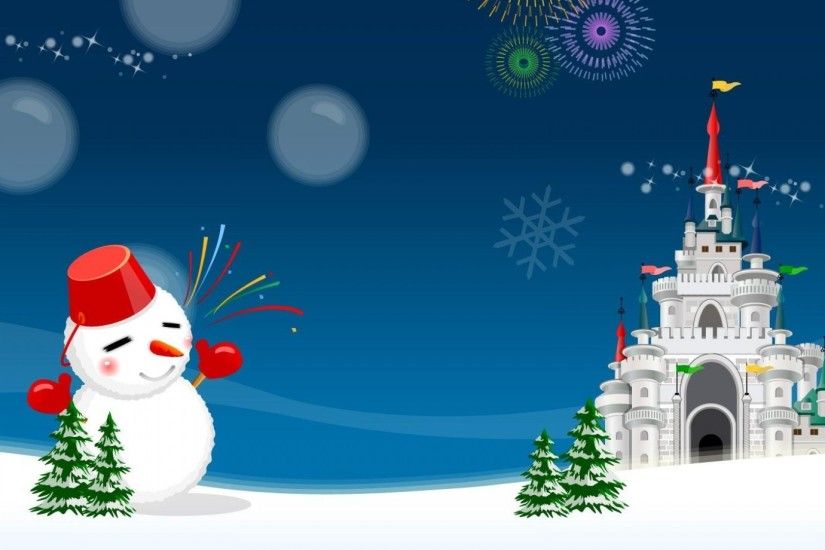 Preview wallpaper snowman, castle, fireworks, holiday, christmas trees,  christmas 1920x1080