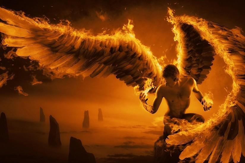 fantasy dark angel fire flames fallen hell demon satan occult manipulation  cg digital-art wallpaper