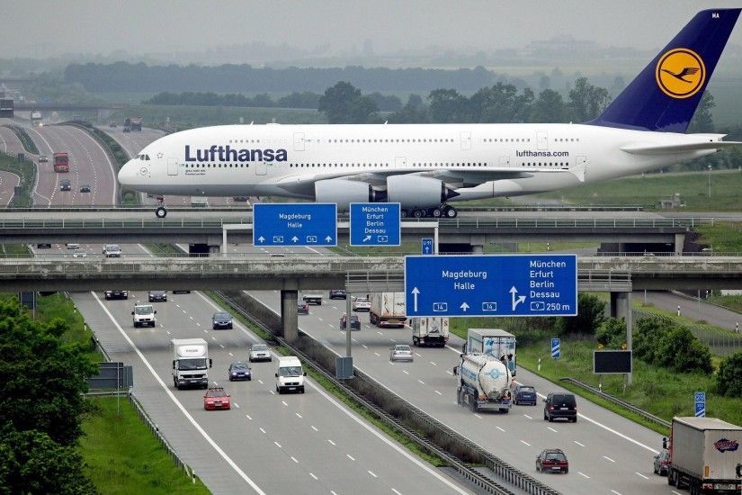 aircraft, Passenger Aircraft, Lufthansa, Airbus, A380, Road, Car, Germany
