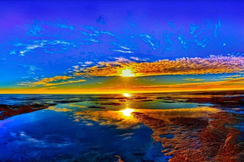 Terra/Natureza Sunset Opus Horizon Reflection Blue Yellow Beach Scenic  Nature Papel de Parede