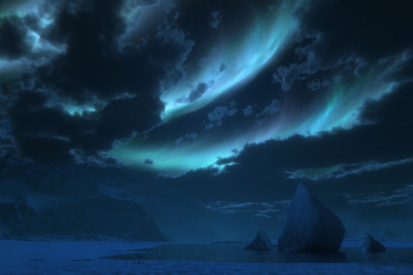 bear, north, glacier, iceberg, night, stars, sky