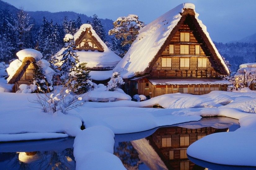 1920x1080 Wallpaper winter, snow, lodges, lake, light, reflection, japan