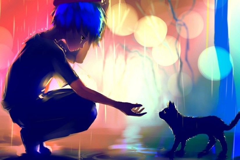 1920x1080 - anime boy, cat, raining, scenic, sad, loneliness # original