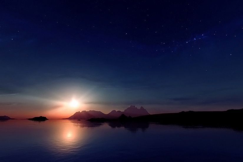 Art alien planet rocks sky stars lakeslandscape reflection sunset . ...
