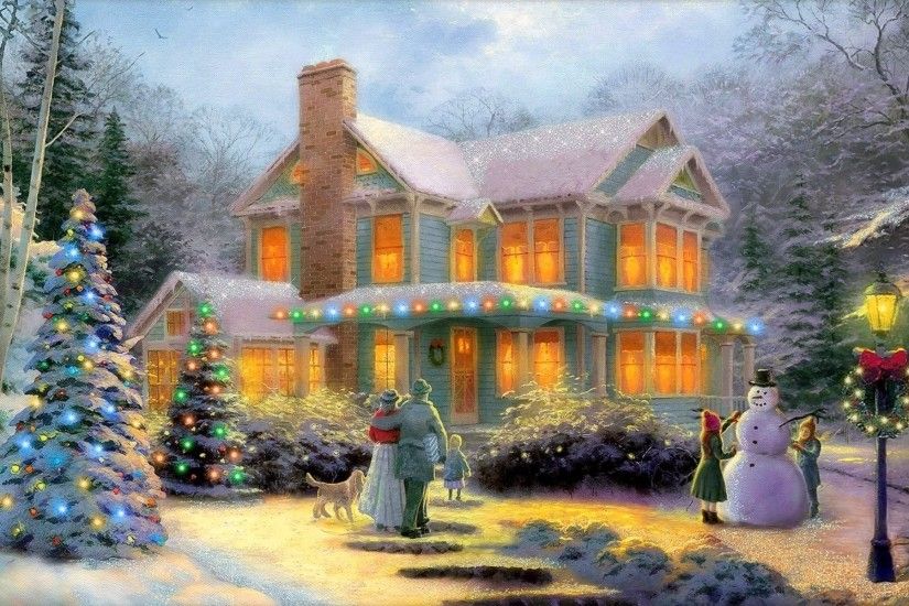 Artistic - Painting Artistic Christmas House Winter Snowman Child Light  Wallpaper