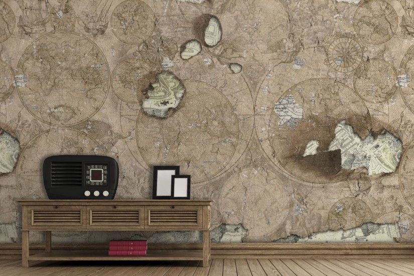 Traditional wallpaper / vintage / map / faience print - GLOBETROTTER
