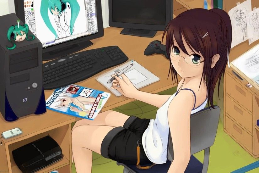 Anime Girl With Computer ...
