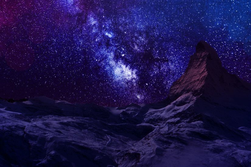 Earth - Sky Hill Snow Blue Pink Mountain Night Star Stars Purple Wallpaper