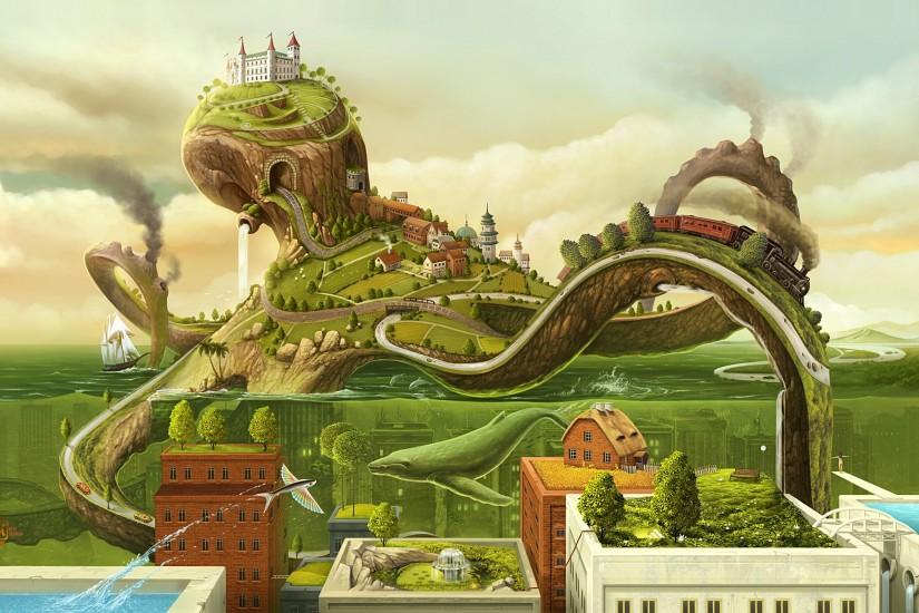 Surreal wallpaper featuring a city merged with a huge octopus.