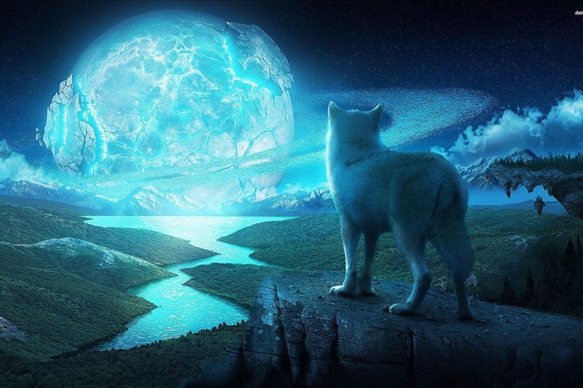 ... blue moon; Wolfin looking at the cracking moon