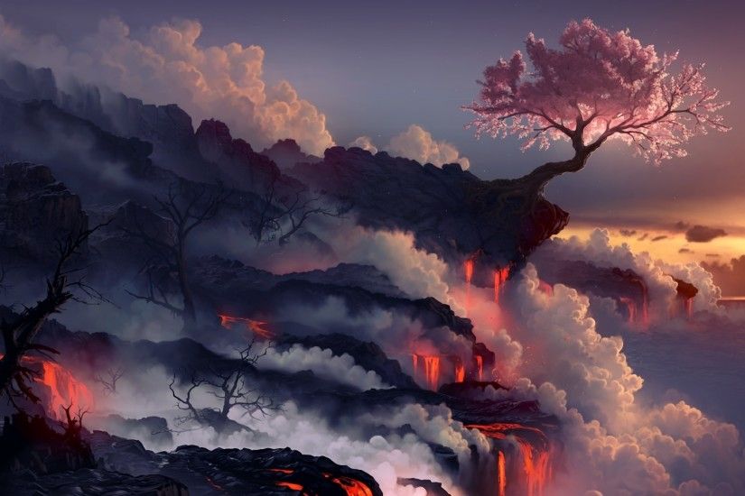 Download Wallpaper 1920x1080 eruption, lava, volcano, oriental cherry, tree  Full HD 1080p HD Background