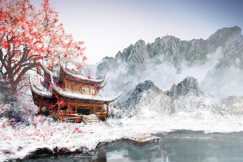 Fantasy Landscape Winter Sakura Blossom Wallpaper