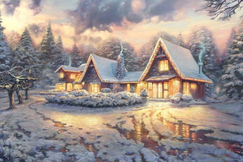 Holiday - Christmas Christmas Lights Cottage Snow Painting Winter Wallpaper
