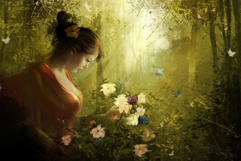Fantasy - Women Fantasy Girl Woman Forest Butterfly Flower Wallpaper
