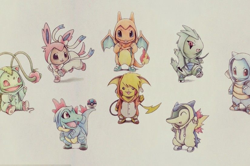 Wallpaper of basic Pokemon wearing costumes of their evolutions!