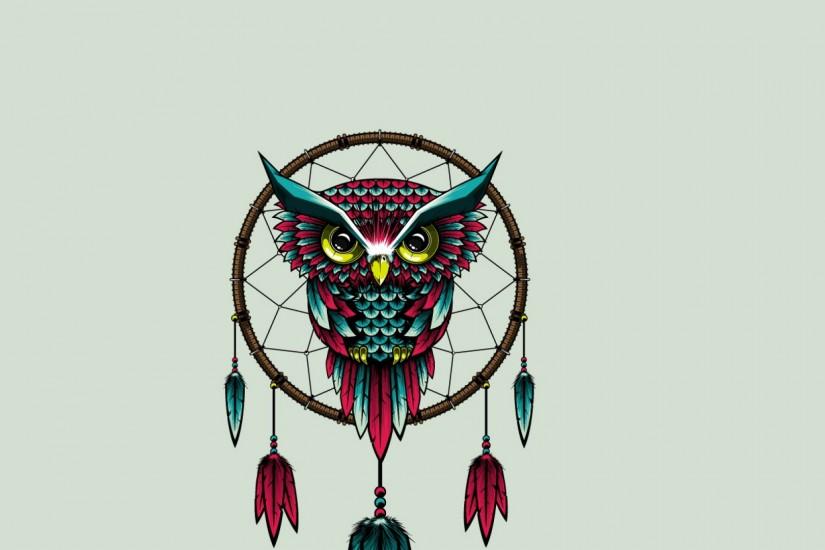 2560x1080 Wallpaper owl, bird, dreamcatcher, art