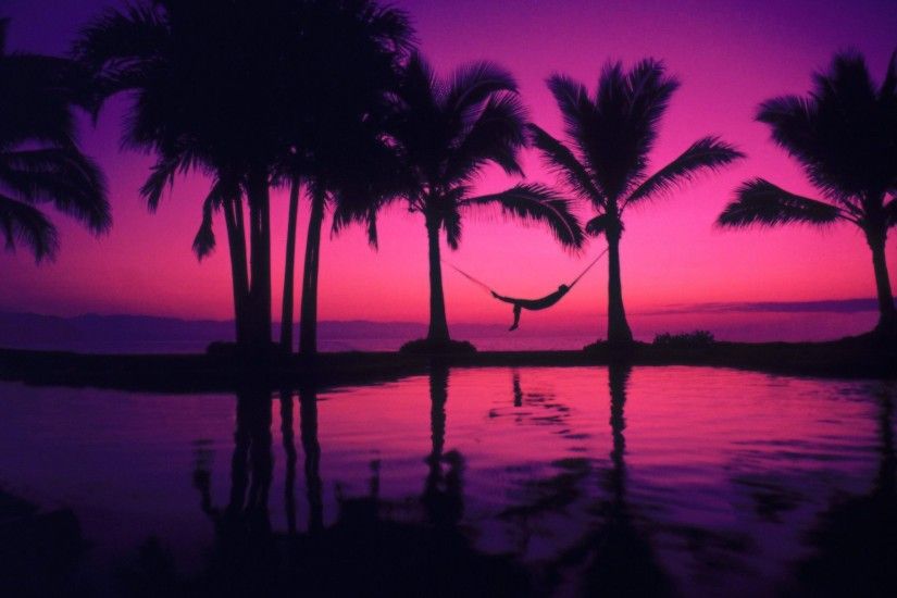 Hawaii Beach Purple Sunset with Hammock Wallpaper