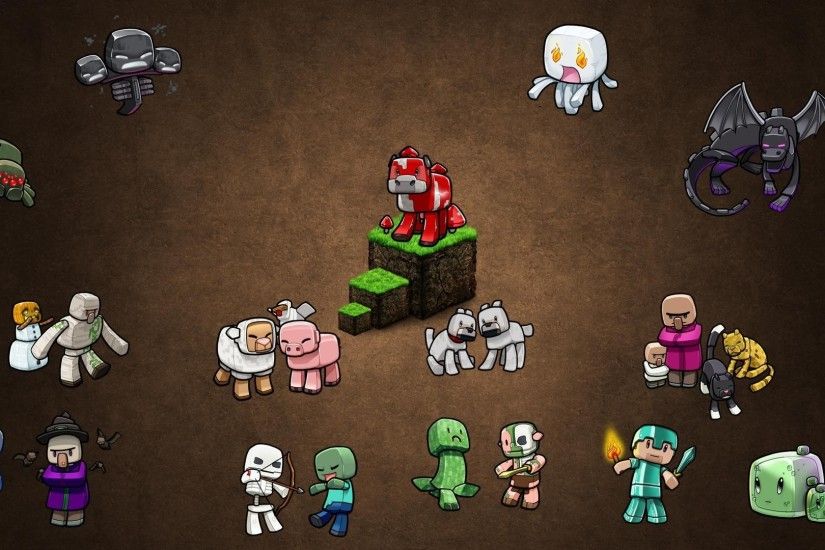 Minecraft, Video Games, PC Gaming, Gamers, Brown Background, Steve, Creeper,  Zombies, Skeleton, Witch, Spider Wallpaper HD