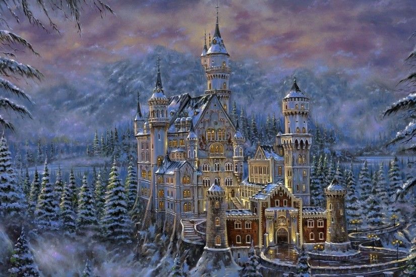 1920x1175 Fantasy - Castle Snow Tree Winter Neuschwanstein Castle Painting  Artistic Wallpaper