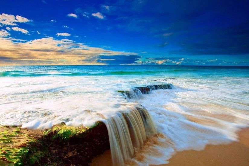 1920x1080 Ocean Courtain Beautiful Sand Blue Horizon Beach Water Sky Summer  Waterfall Clouds White Wave Wallpaper