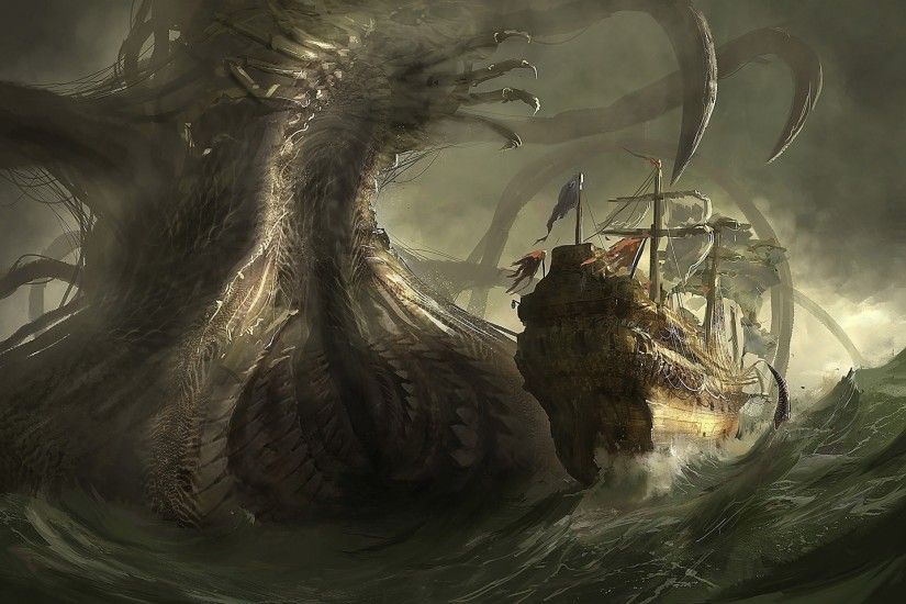 ship giant sea monster art