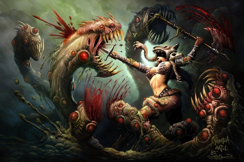 fighting, Hydra, Women, Fantasy Art, Creature, Barbarian Wallpapers HD /  Desktop and Mobile Backgrounds