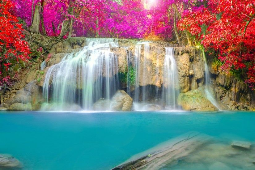 Earth - Waterfall Nature Rock Forest Tree Leaf Fall Red Pink Water  Turquoise Wallpaper