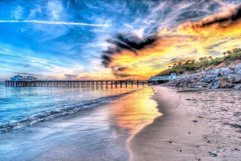 Beaches: Sunset Malibu Pier HDR Beach Backgrounds Pictures For High .