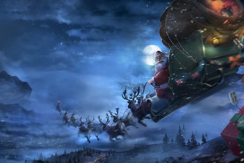 2560x1440 Wallpaper santa claus, reindeer, sleigh, flying, gifts, christmas