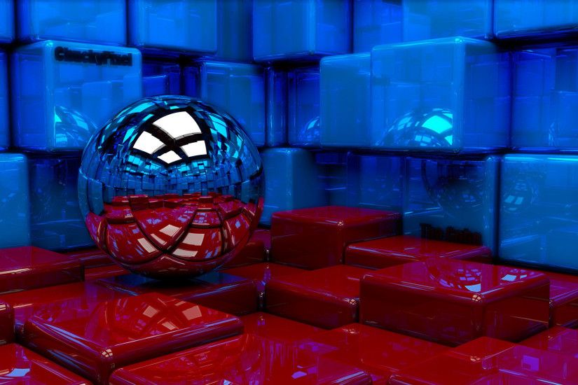 Preview wallpaper ball, cubes, metal, blue, red, reflection 1920x1080