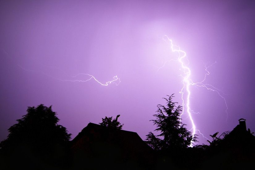 Lightning Bolts Nature Night Sky Purple Silhouette