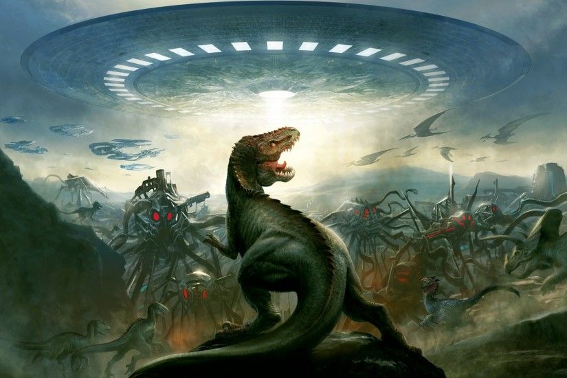 dinosaurs, Aliens, UFO Wallpaper HD