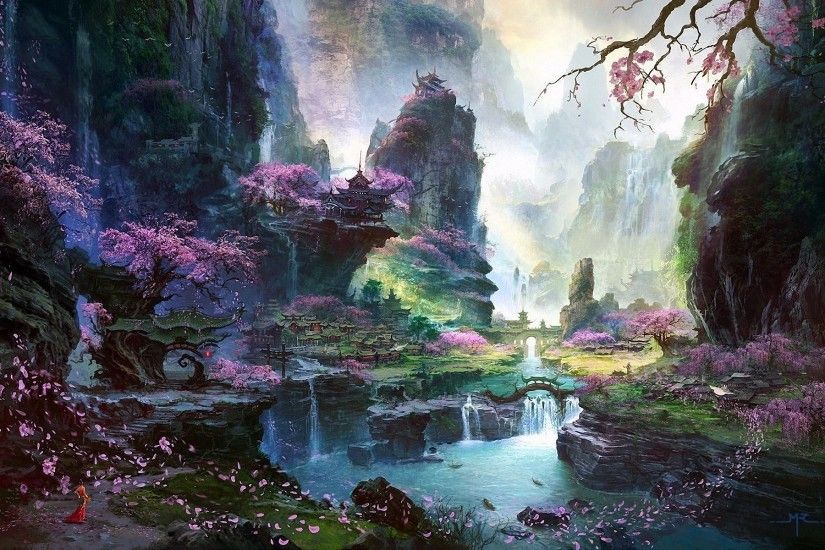 Download HD fantasy Art, Asian Architecture, Cherry Blossom Wallpapers