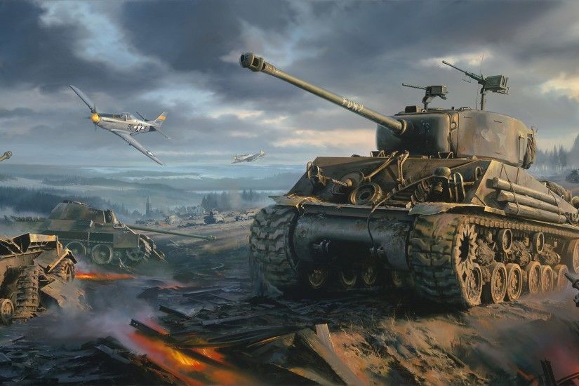 Sherman tank Wallpaper, ww2, P-51 Mustang, war, art, painting