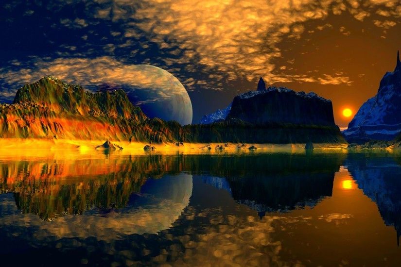 Download Mountain Scenic Sunset Lake Sky Water Mountains Nature Sun  Reflection Beautiful Scenery Clouds Moon Wallpaper Free Download