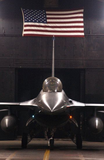 ... F-16 Aircraft Under American Flag ...