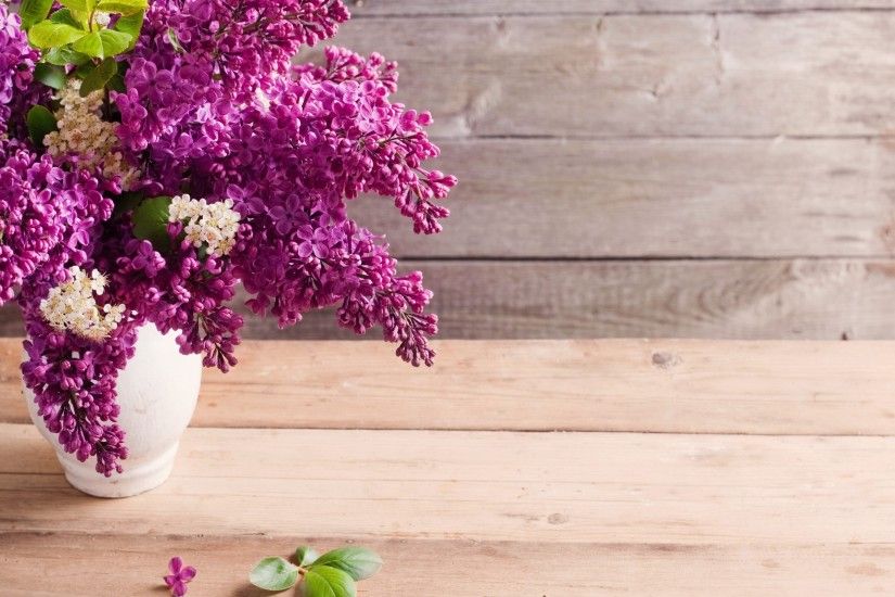 flowers lilac vases wooden planks wallpaper