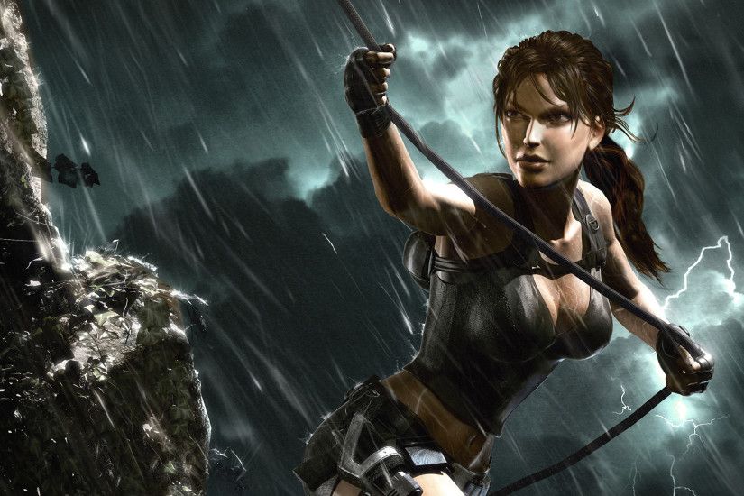 Photos Tomb Raider Underworld Lara Croft Girls Rain Games 2560x1440