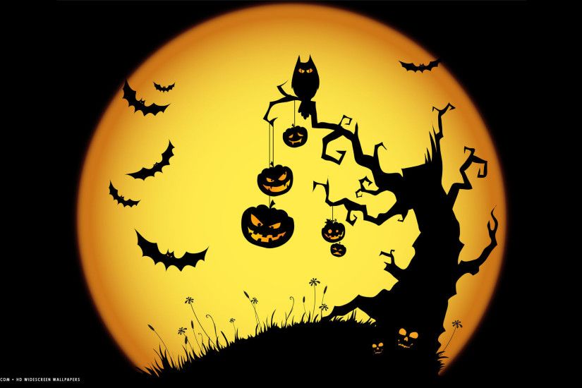 halloween scary night owl bats jack o lanterns tree yellow holiday hd  widescreen wallpaper