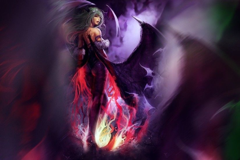 Video Game - Darkstalkers Woman Demon Flame Fantasy Long Hair Green Hair  Video Game Morrigan Aensland