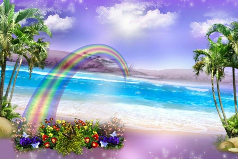 Magic Beach Flowers Summer Beautiful Rainbow Purple Clouds Paradise Pretty  3840x1080 Wallpaper - 1980x1200