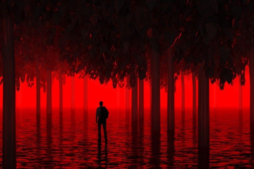 2160x2160 Wallpaper water, trees, man, red, neon, light, flooded