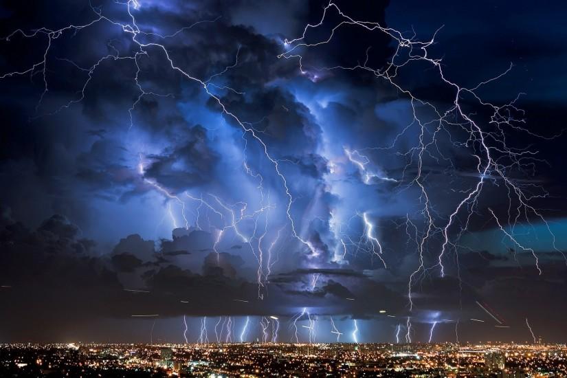 lightning strike, lightning, night, dark clouds, thunderstorm, city